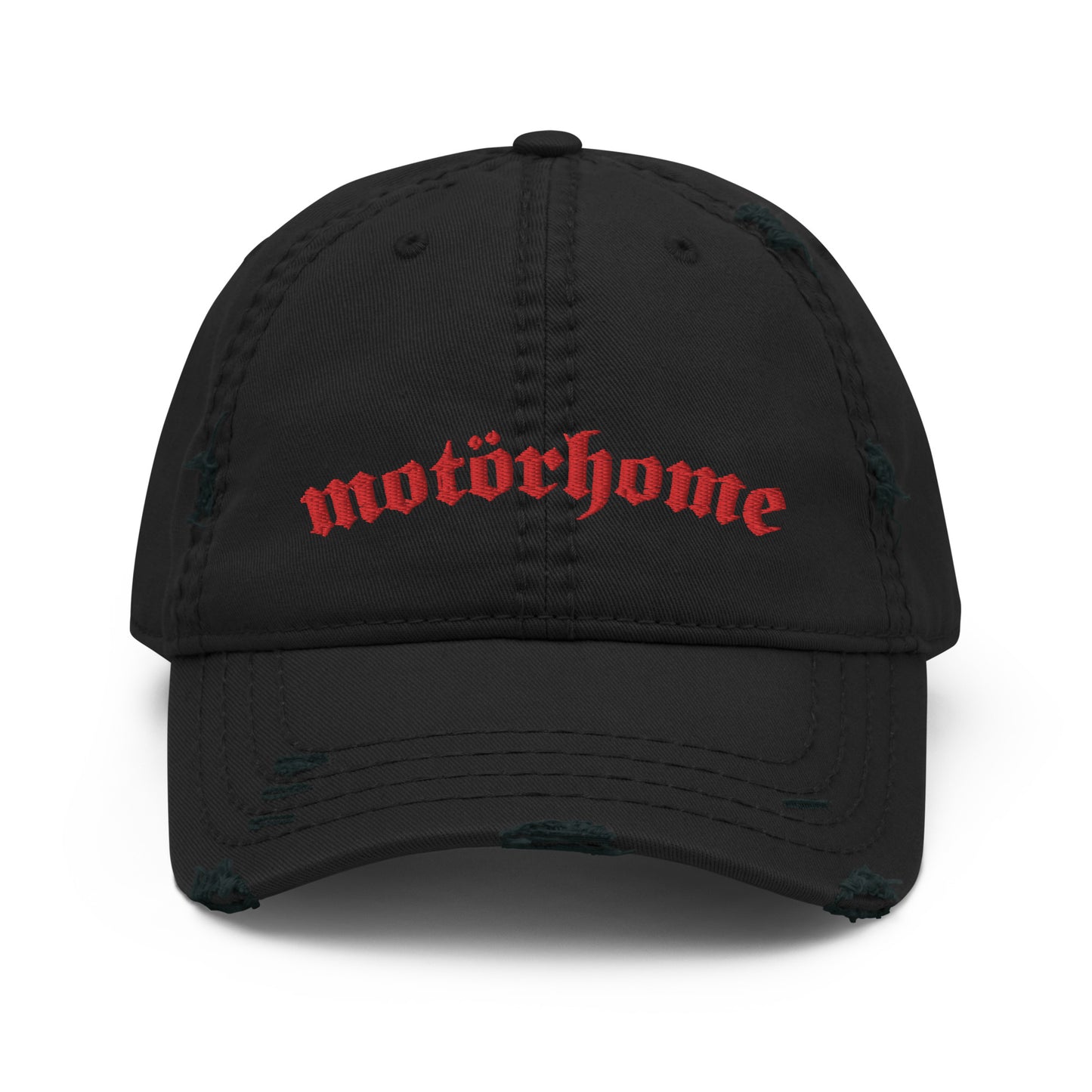Vanwear Embroidered Motorhome Baseball Cap - Red Text - Distressed Finish