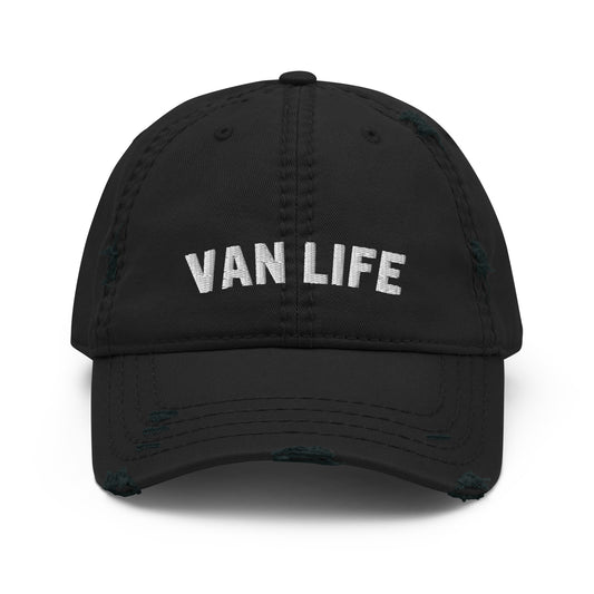 Vanwear Embroidered Van Life Campervan Baseball Cap - White Text - Distressed Finish