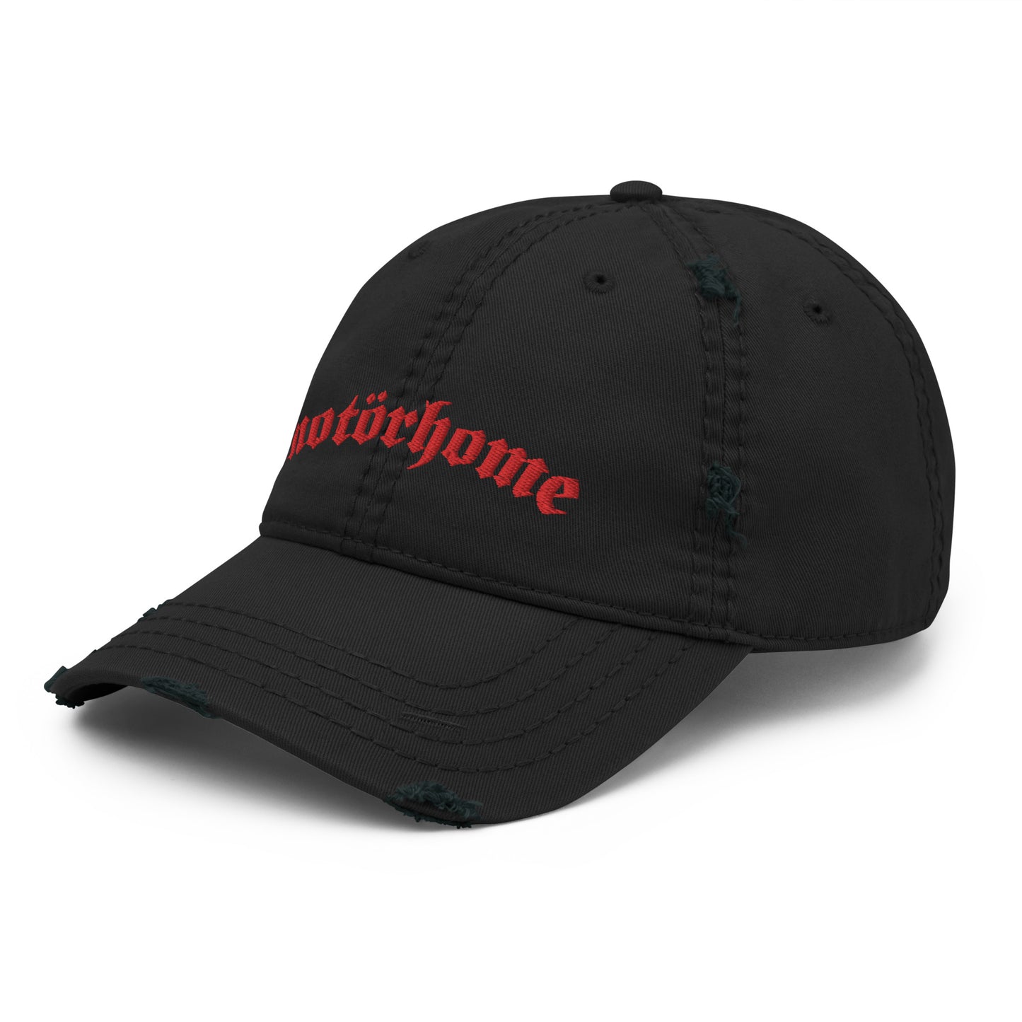 Vanwear Embroidered Motorhome Baseball Cap - Red Text - Distressed Finish