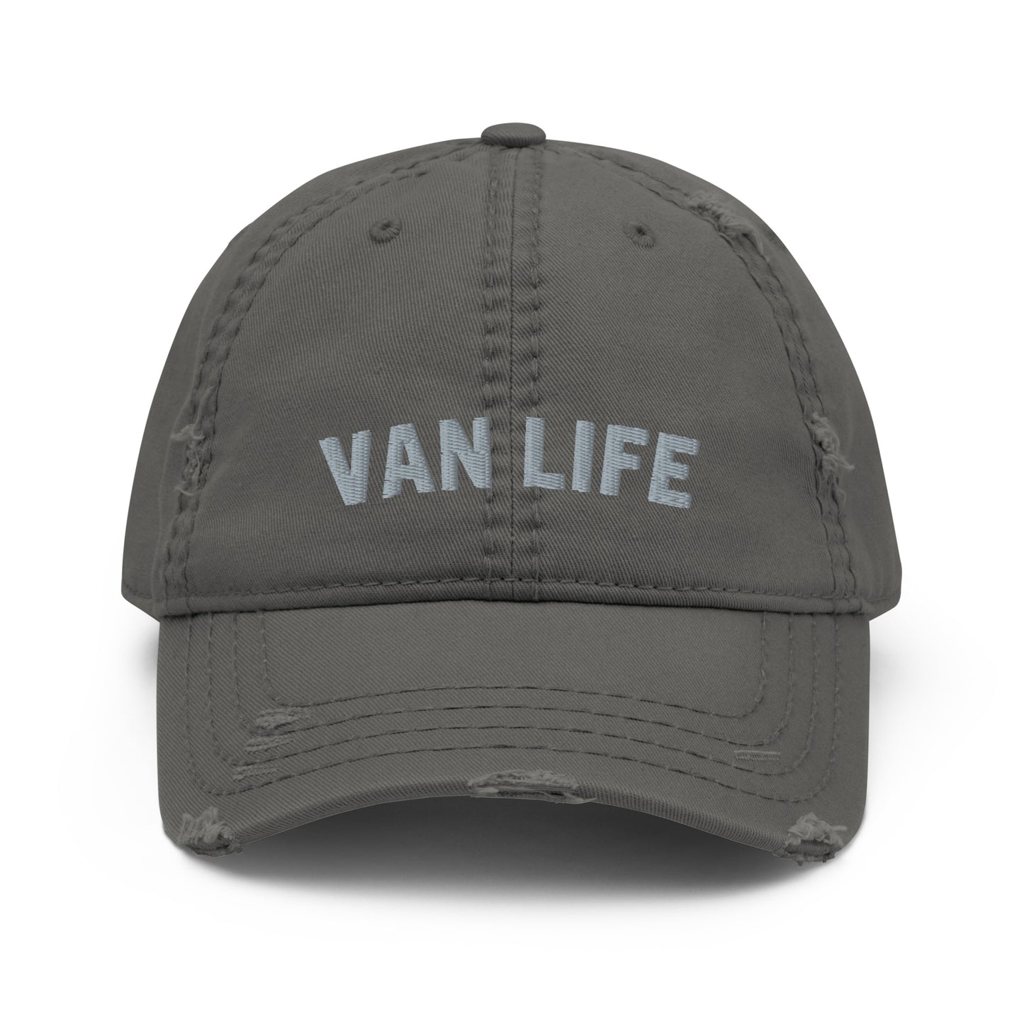 Vanwear Embroidered Van Life Baseball Cap - Grey Text - Distressed Finish