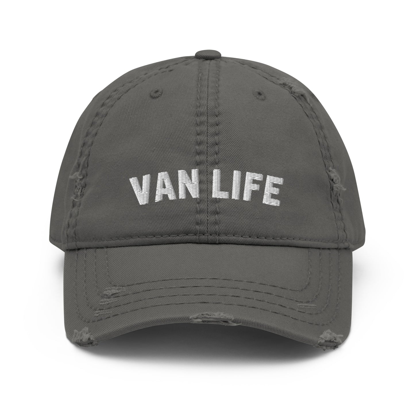 Vanwear Embroidered Van Life Baseball Cap - White Text - Distressed Finish