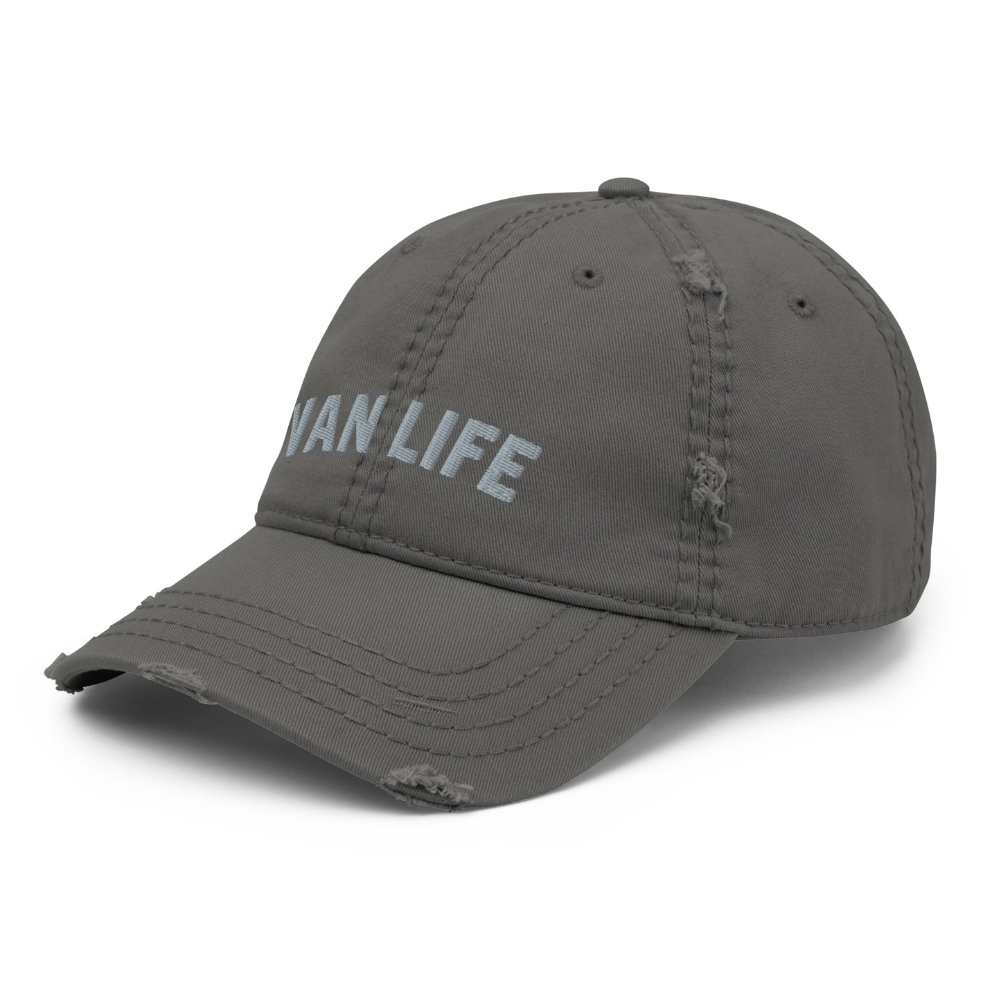 Vanwear Embroidered Van Life Baseball Cap - Grey Text - Distressed Finish