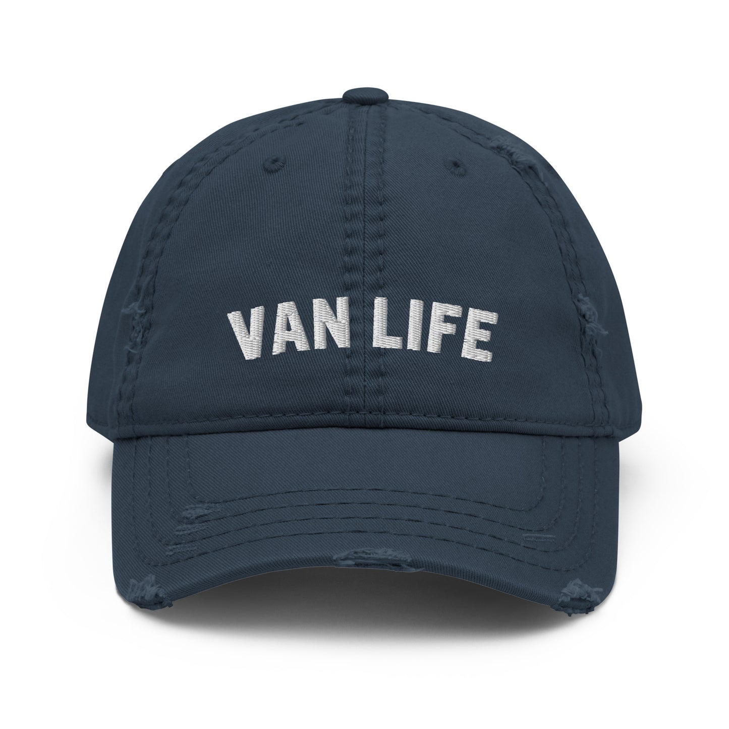 Vanwear Embroidered Van Life Baseball Cap - White Text - Distressed Finish