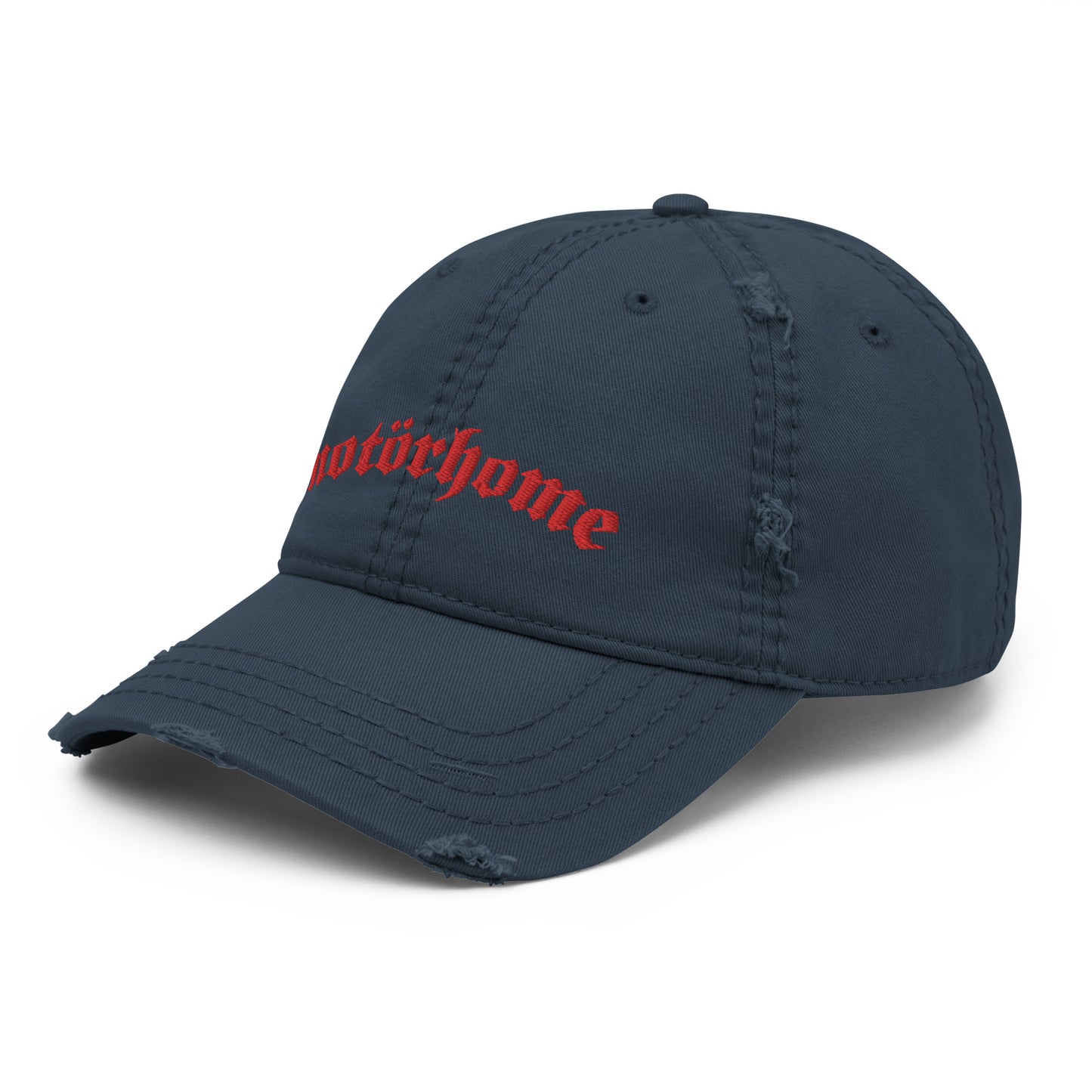 Vanwear Embroidered Motorhome Baseball Cap - Red Text - Distressed Finish