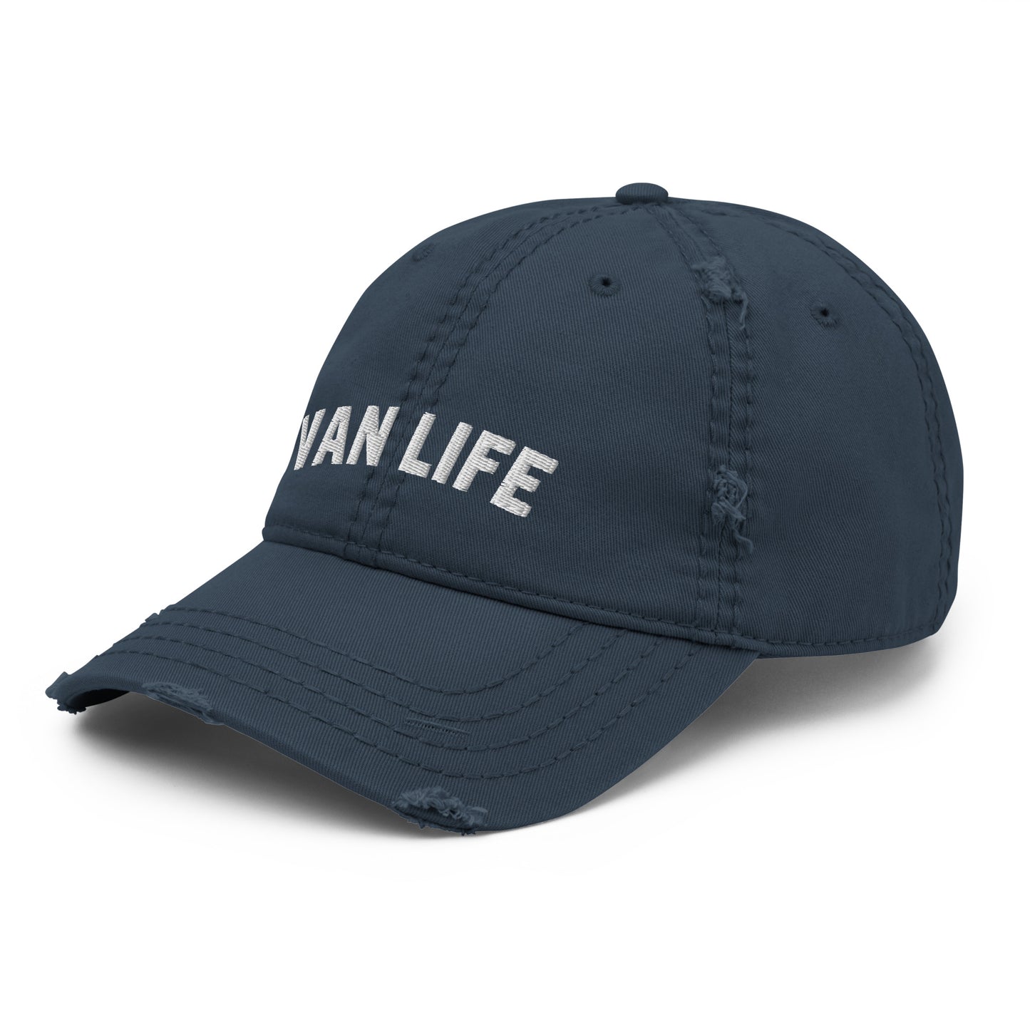 Vanwear Embroidered Van Life Baseball Cap - White Text - Distressed Finish