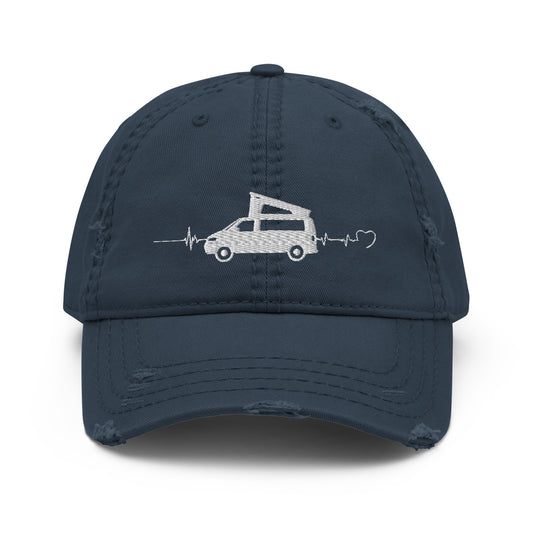 Vanwear Volkswagen Embroidered Campervan Baseball Cap - Pop Top Heartbeat Design - Distressed Finish