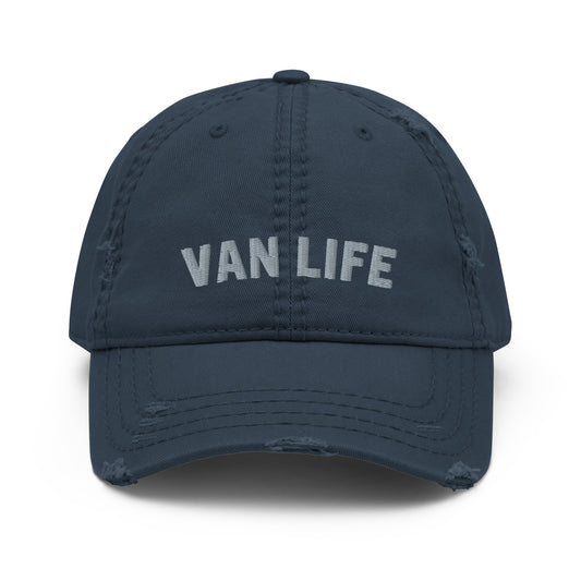Vanwear Embroidered Van Life Baseball Cap - Grey Text - Distressed Finish